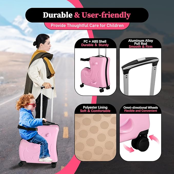 DNYSYSJ 20 Inch Children's Ride On Trolley , Portable Universal Wheel Carry On Luggage, Waterproof Unisex Boys Girls Travel Suitcase With Lock, ABS+PC (Pink)