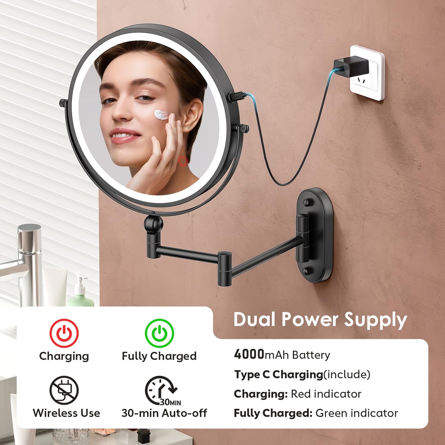 ZLOKLA 9" Wall Mounted Lighted Makeup Mirror,4000mAh Rechargeable Double Sided 1X/30X Magnifying Mirror with Light,Touch Dimmable,Extended Arm 360 Rotation Wall Mounted Makeup Mirror 3 Color Lights