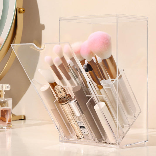 LOHRYVIO Acrylic Makeup Brush Holder with Slanted Flip-Top Lid - Clear Dustproof Cosmetic Make up Brush Organizer and Storage Box - Large Capacity 17-Slots Container for Vanity Brushes (Transparent)