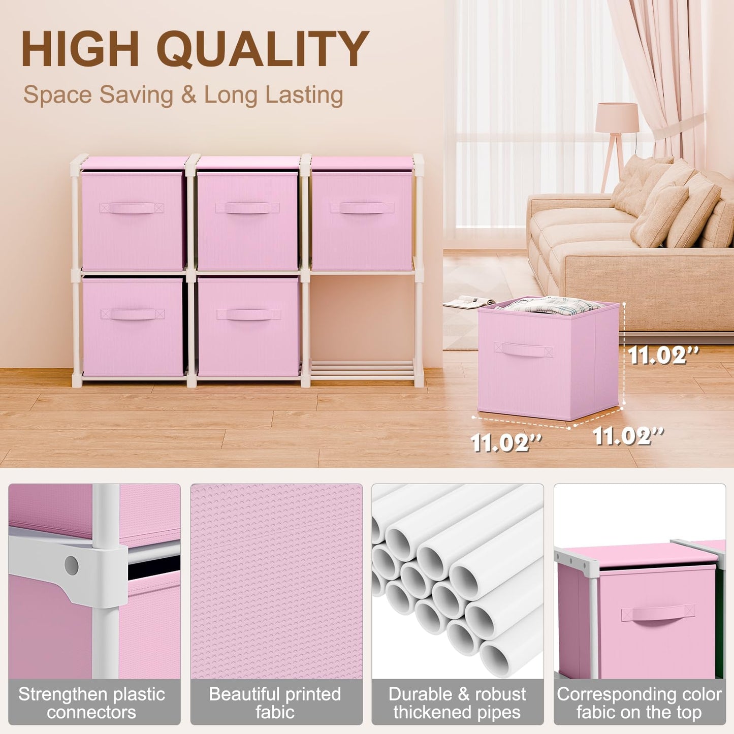 Briwooody 6 Cube Storage Organizer Bins with Shelf 11x11 Cabinet Drawer Dresser Closet Organizer and Storage Fabric Toy Boxes for Nursery Playroom Back to School Dorm for Clothes (Macaroon Pink)