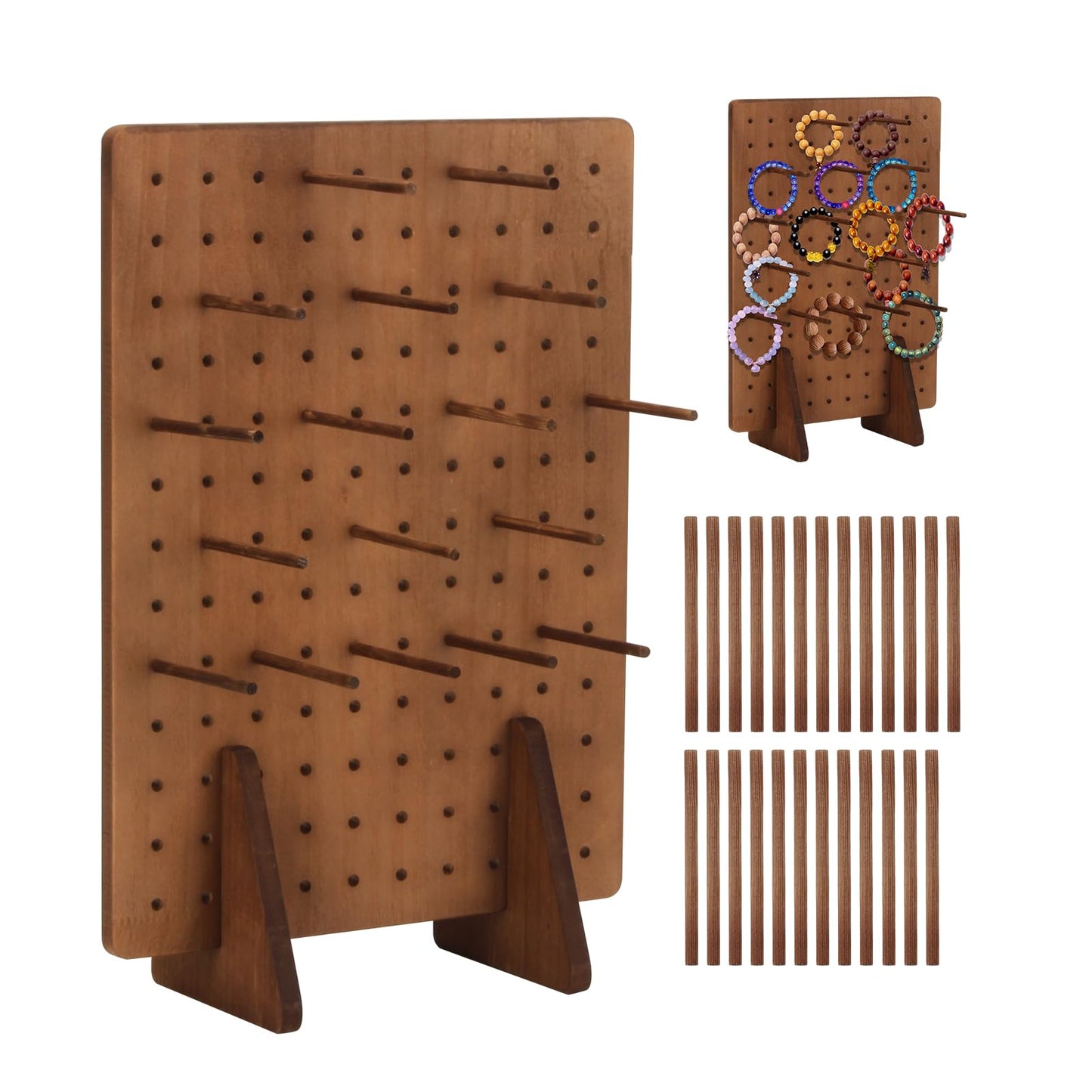 Rectangle Pegboard Display Stand with 25 Pcs Dowel Rods, Pegboard Accessories Rack, Keychain Jewelry Display Stand for Vendors, Pegboard Stand for Jewelry, Craft Shows, Necklace Pin, Earrings (Brown)