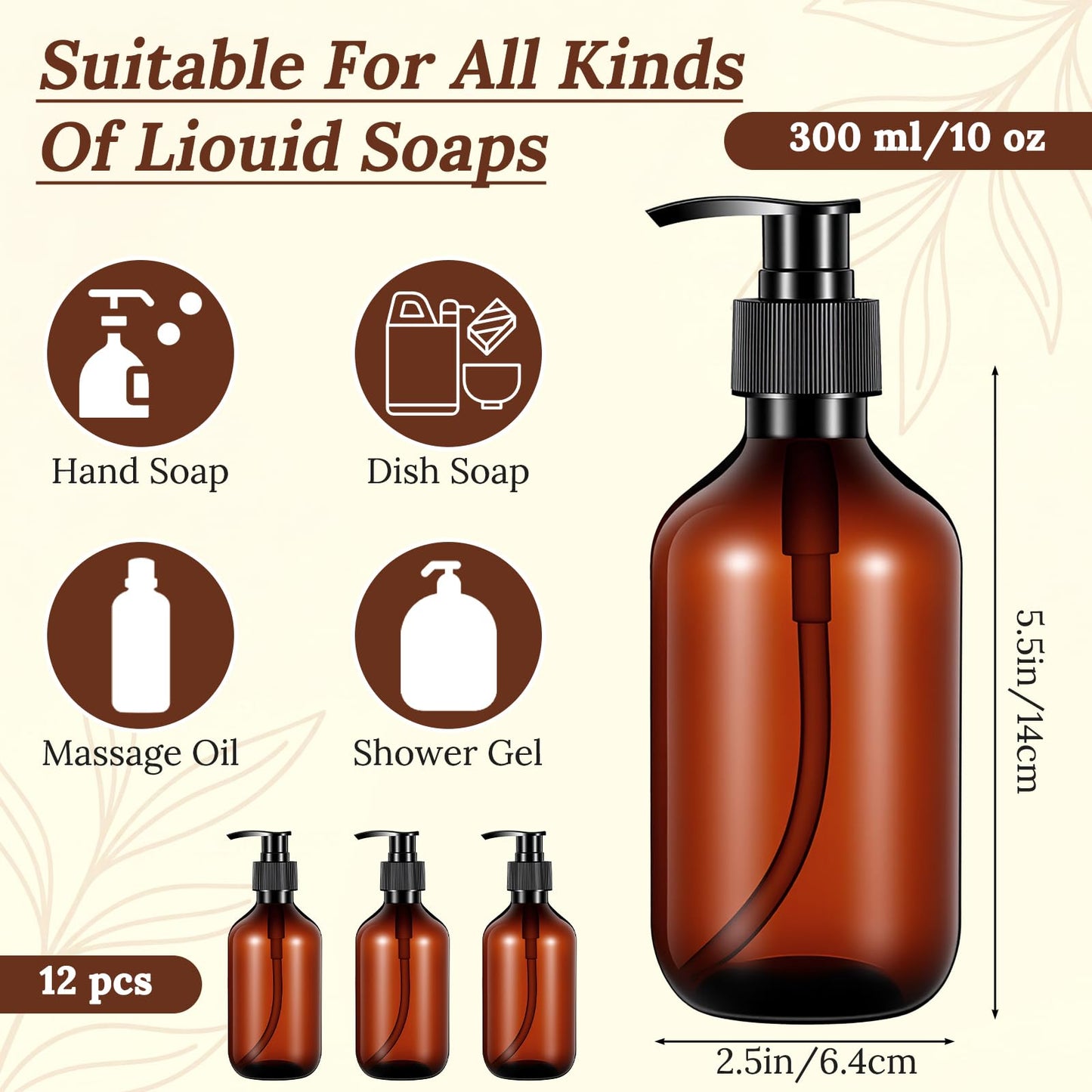 Kuyeyzu 12 Pack 10 oz Amber Soap Dispenser Empty Plastic Pump Bottles Refillable Lotion Bottle for Shampoo Conditioner Hand Body Wash Bathroom Kitchen Travel