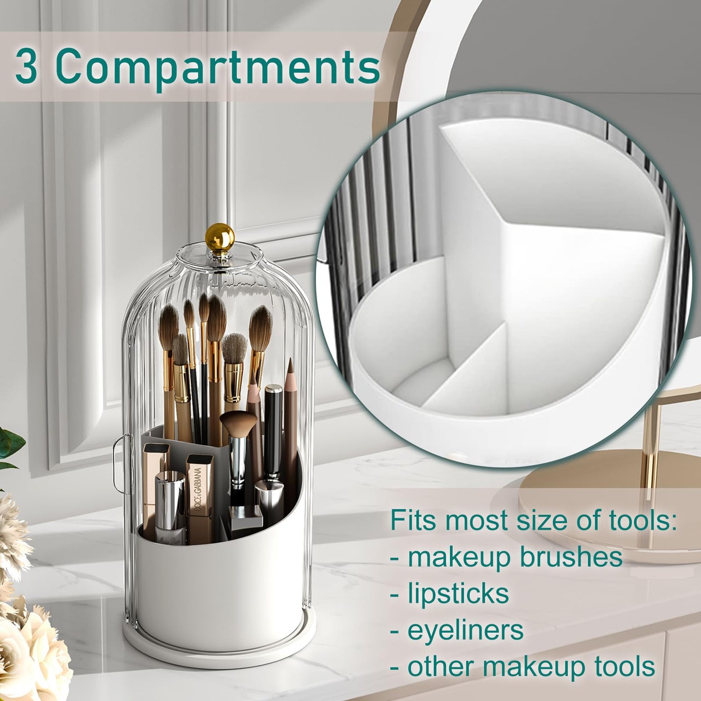 GAXmi Makeup Brush Holder with Lid Rotating Cosmetic Organizer, Transparent