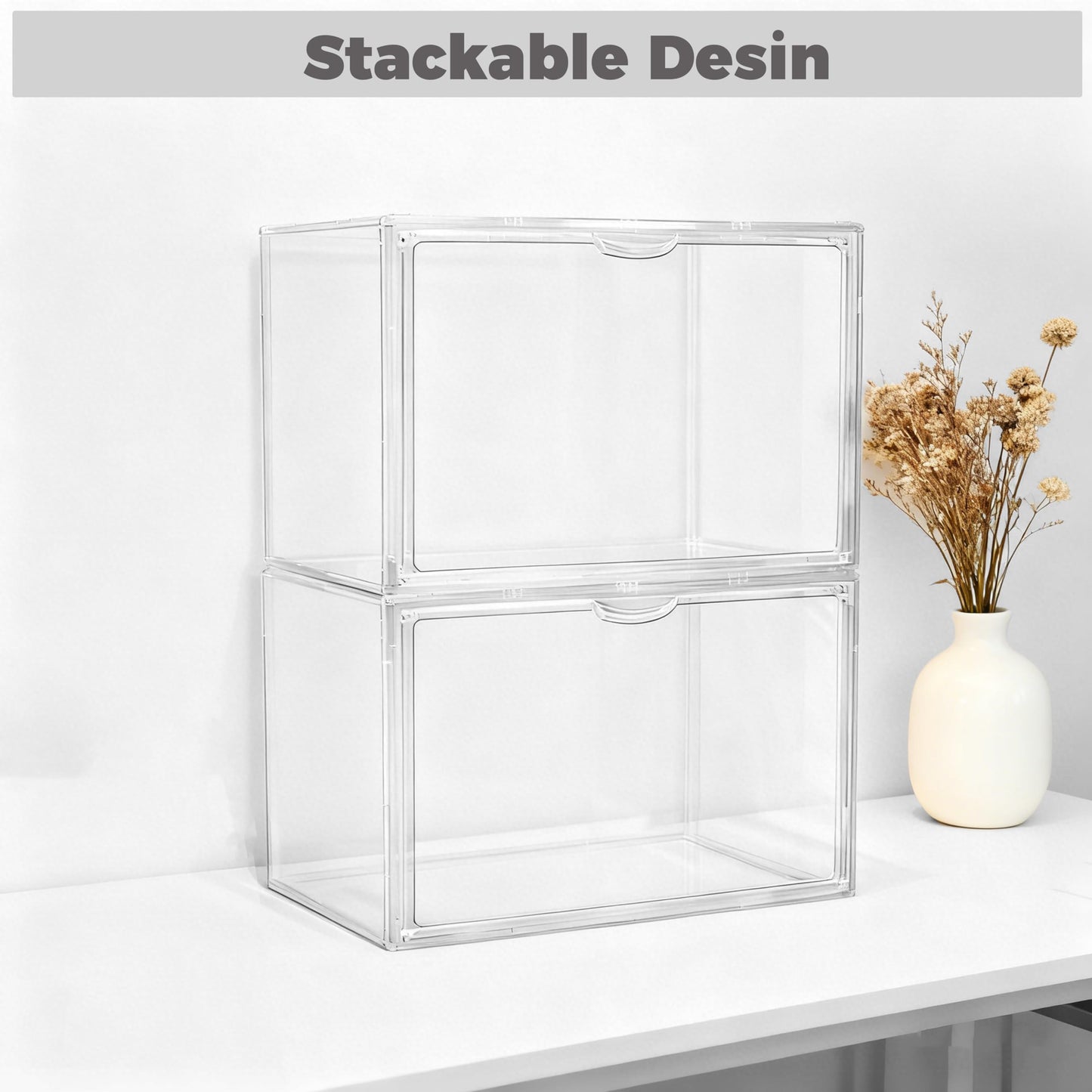 Tallsocne Clear Acrylic Stackable Storage Box with Magnetic Lid - 3 Pack Display Case for Collectibles and Figures Organizer