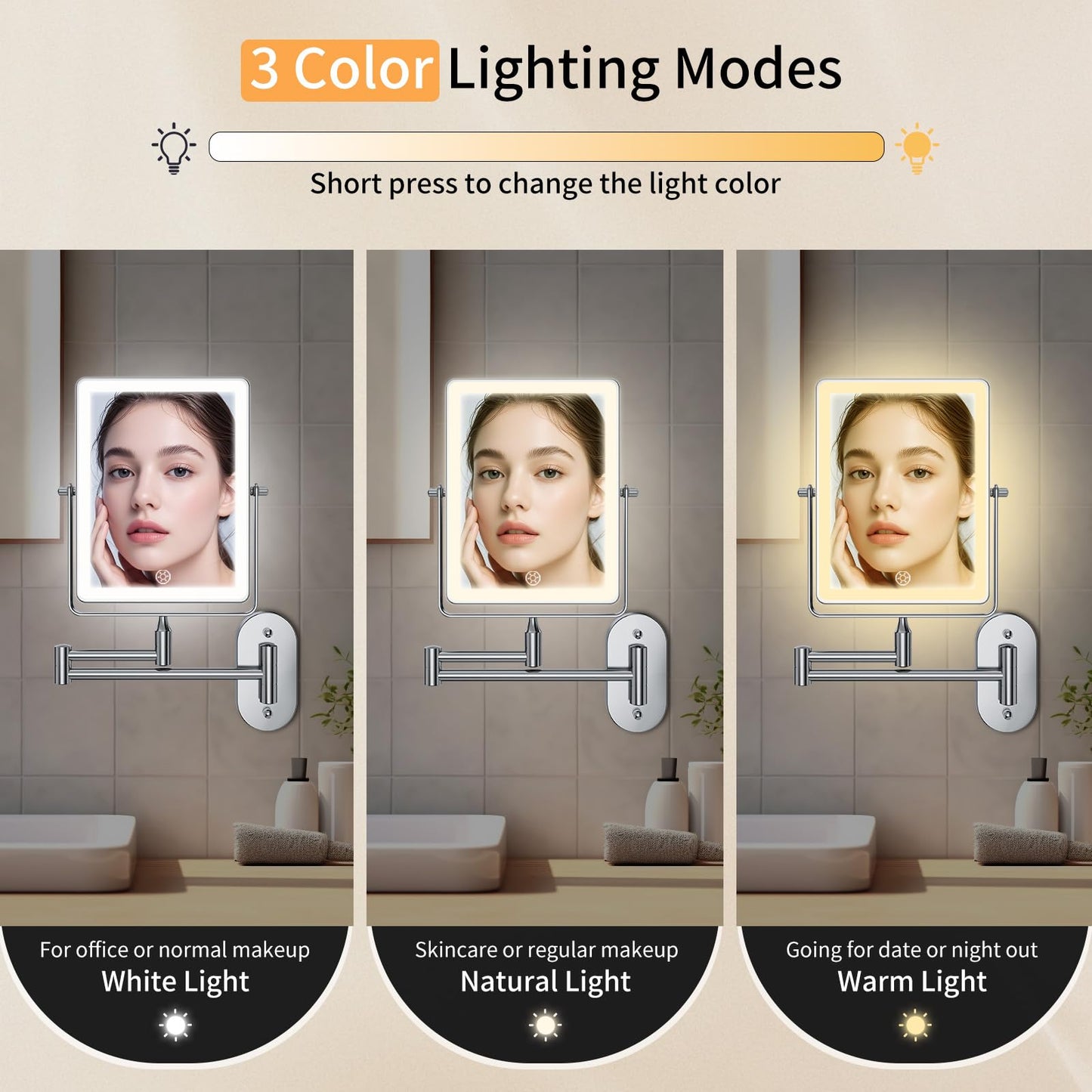 FUNTOUCH 5000mAh Rechargeable Wall Mounted Makeup Mirror with Lights, 8.7" Double Sided 1X/30X Magnifying Mirror with Dimmable 3 Color Light, Extended Swing Arm 360° Wall Mount Bathroom Vanity Mirror