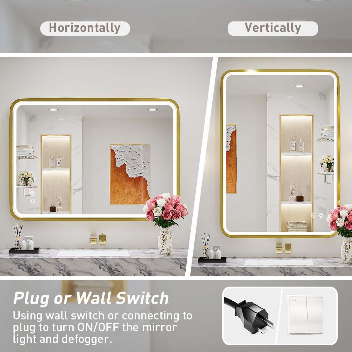 FTOTI LED 36x24 Inch Lighted Bathroom Mirror,Gold Frame,3 Color
