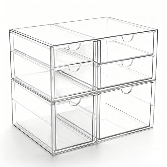 Prsildan Acrylic Drawer Makeup Organizer with 6 Drawers (Not for Baby Bottle), Set of 2 Office Desk Organizers Accessories, Clear Stackable Storage Drawers for Vanity, Craft (Largest Drawer 4" Tall)