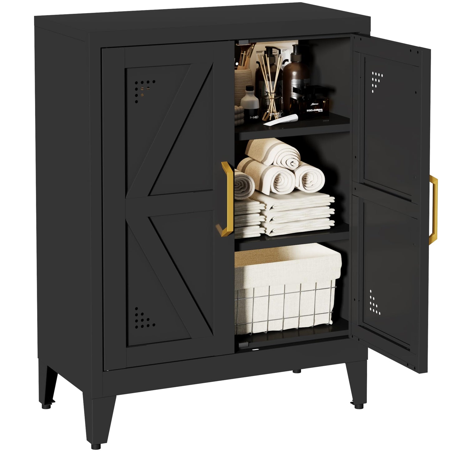 JHYKFG 32" Metal Kitchen Pantry Cabinet,Floor Bathroom Storage Cabinet with 2 Adjustable Shelves,Freestanding Sideboard for Small Spaces, Living Room, Hallway, Dining Room,Black