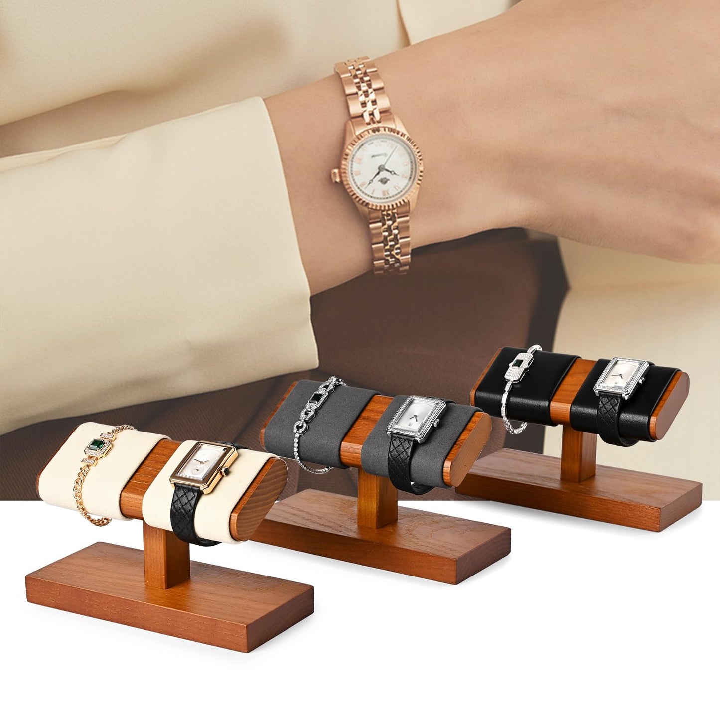 Oirlv Solid Wood Double Watch Display Stand Watch Bracelet Organizer（Grey）
