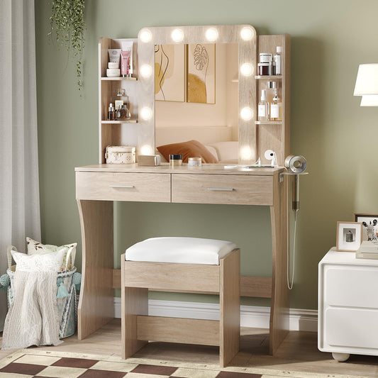 Vabches Vanity Desk with Mirror and Lights,Makeup Vanity Table with Charging Station,2 Drawer Bedroom Dressing Table with 3 Colors Modes Dimming & Cushioned Stool,Natural Oak