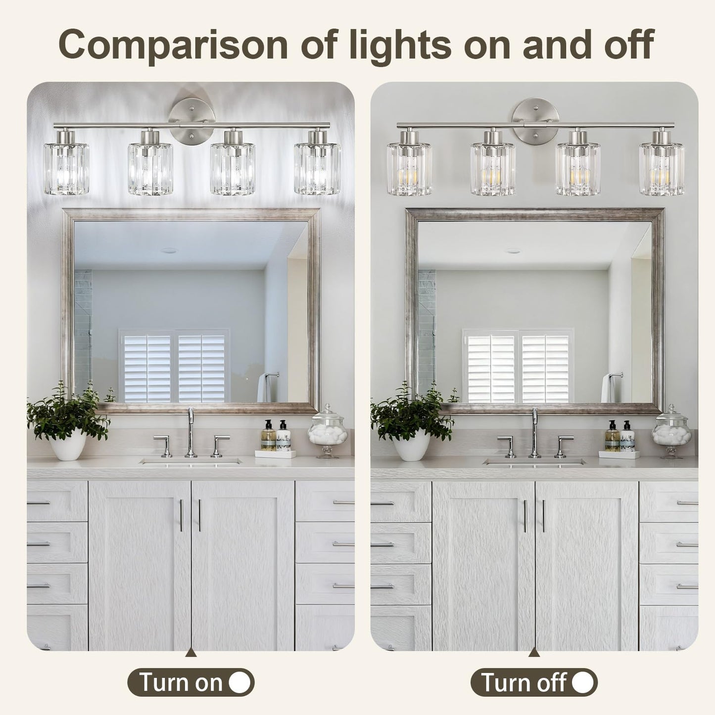 Kvhiiw Crystal Bathroom Light Fixtures, Bathroom Lighting Fixtures Over Mirror, Modern 4-Light Brushed Nickel Vanity Lights for Mirror, Restroom, Kitchen(Ceramic E26 Socket,Bulbs Not Include)