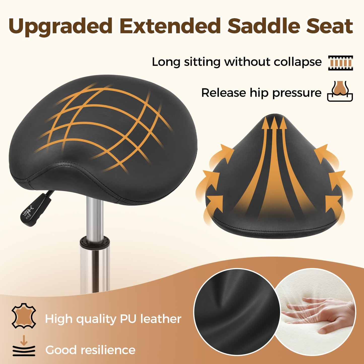 BEWISHOME Ergonomic Saddle Stool, Height-Adjustable Rolling 360° Swivel Saddle Chair with Thickened Saddle Seat Padding, Saddle Stool with Wheels for Salons, Spas, Office, Black BMD02B