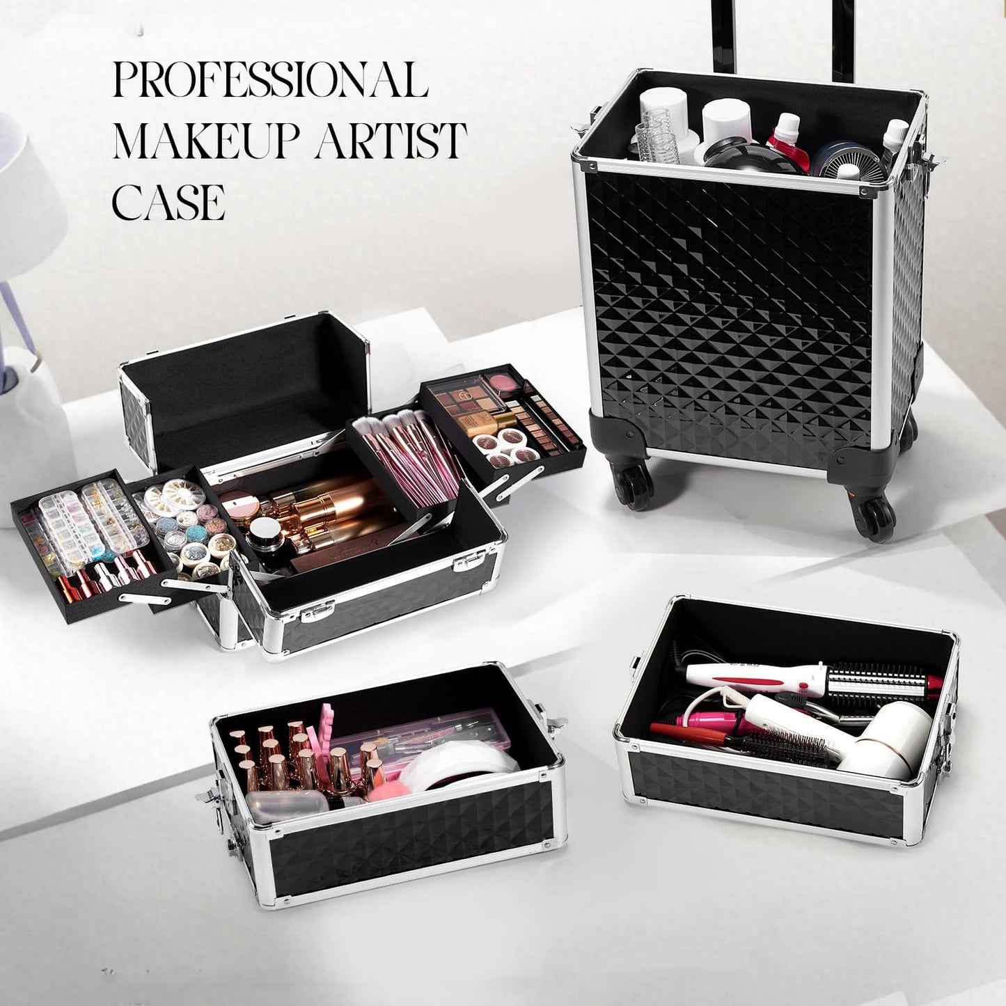 Yueieoun Rolling Makeup Train Case, 4-in-1 Cosmetology Case on Wheels, Nail Tech Cart for Travel, Professional Cosmetic Vanity Case, Suitcase for MUA/Manicure/Tattoo/Style, Lockable Storage Box, Black
