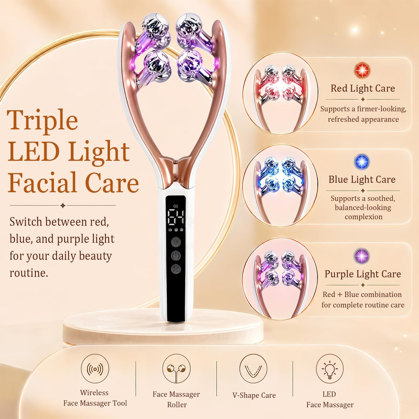 SZMDLX Wireless Face Massager Tool, 8-Roller 3D Face Roller for Women, LED Facial Massager,V-Shape Face Sculpting Tool for Jawline, 6 Light & Vibration Modes, USB-C Rechargeable