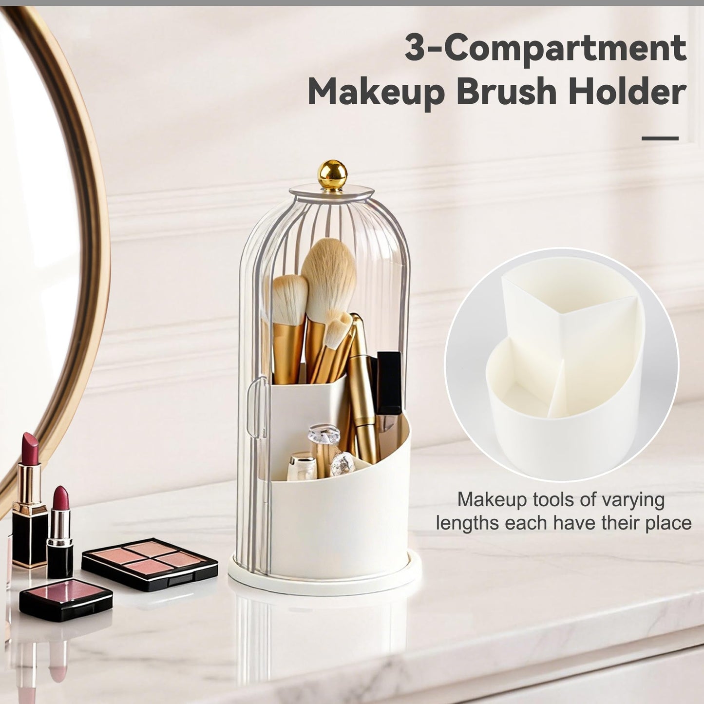 Hvygss 360° Rotating Makeup Brush Holder with Lid, Waterproof Three-Compartment Makeup Organizer, 180° Side-Pull Door Desk Organizer, Dustproof Brush Holder for Vanity and Bathroom (Transparent)
