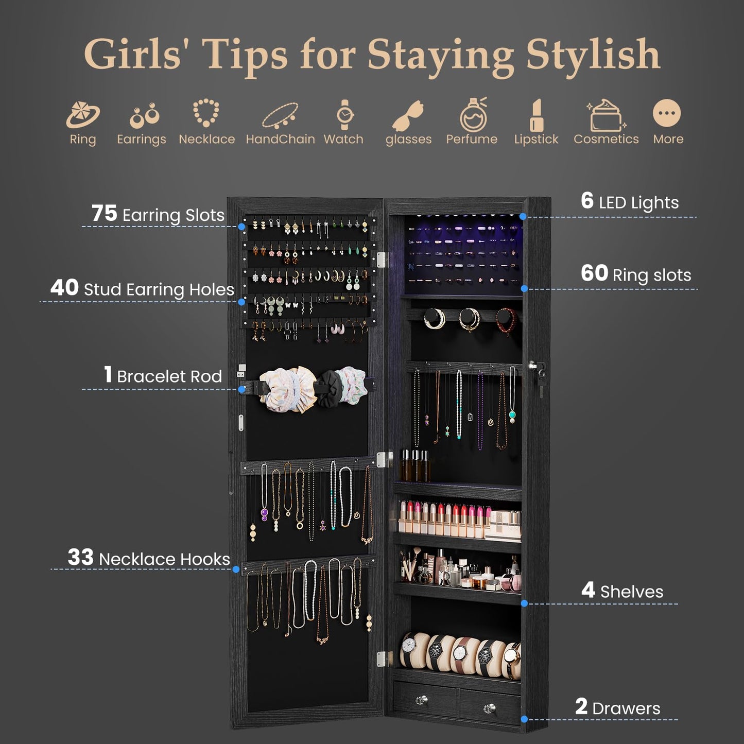 Sweetcrispy Jewelry Organizers and Storage, Wall/Door Mounted Jewelry Armoire with Mirror, 47.2" Tall Mirror with Storage, Automatic 6 LED Lights, Lockable, 2 Drawers, Black