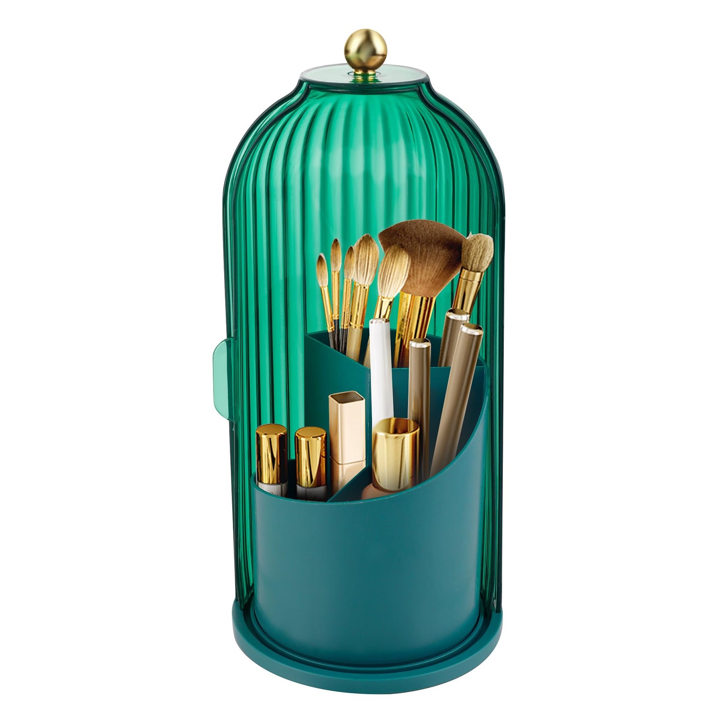 Makeup Brush Holder with Lid 360 Rotating Makeup Brush Organizer, Dustproof Waterproof Material & with 3 Compartments for Organized Storage, Dressing Tables Clear Storage Skincare Cosmetic (Green)