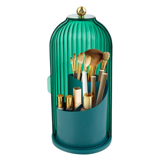 Makeup Brush Holder with Lid 360 Rotating Makeup Brush Organizer, Dustproof Waterproof Material & with 3 Compartments for Organized Storage, Dressing Tables Clear Storage Skincare Cosmetic (Green)