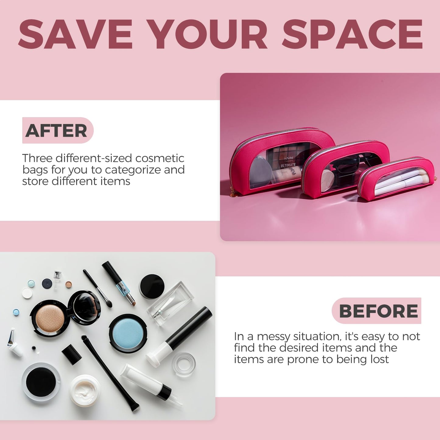 BS-MALL 3 Pcs Makeup Bag Set, Waterproof Travel Makeup Kit with Zippers, Lightweight Travel Bag for Makeup Brush Holder & Organizer, Fashionable Leather Case for Daily Use & Storage (Hot Pink)