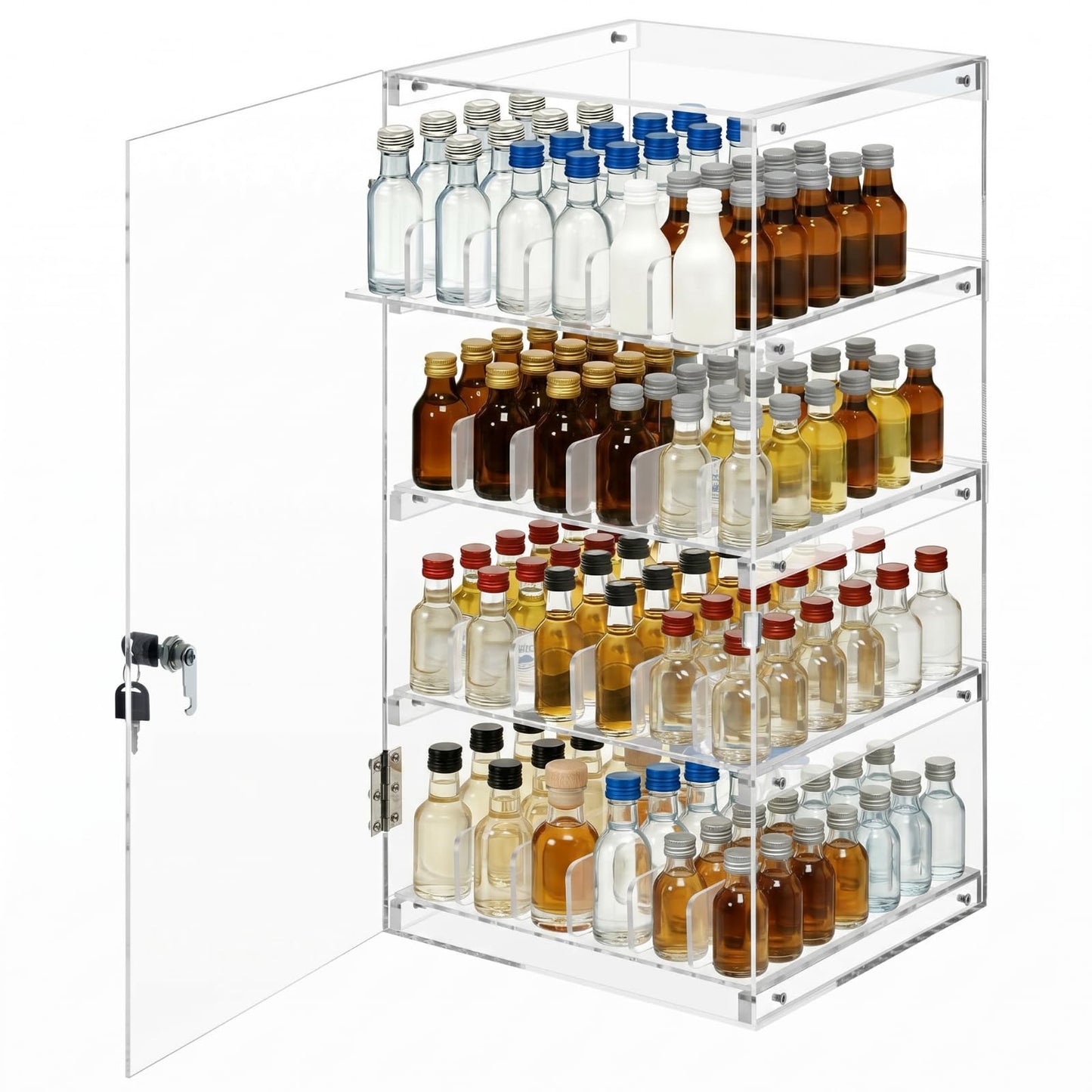 Cinnvoice Mini Liquor 50ml Bottles Retail Display Case with Lock, 12 x 12 x 24 in Clear Acrylic Countertop Rack, Adjustable Dividers Holders, Holds 192 Nips