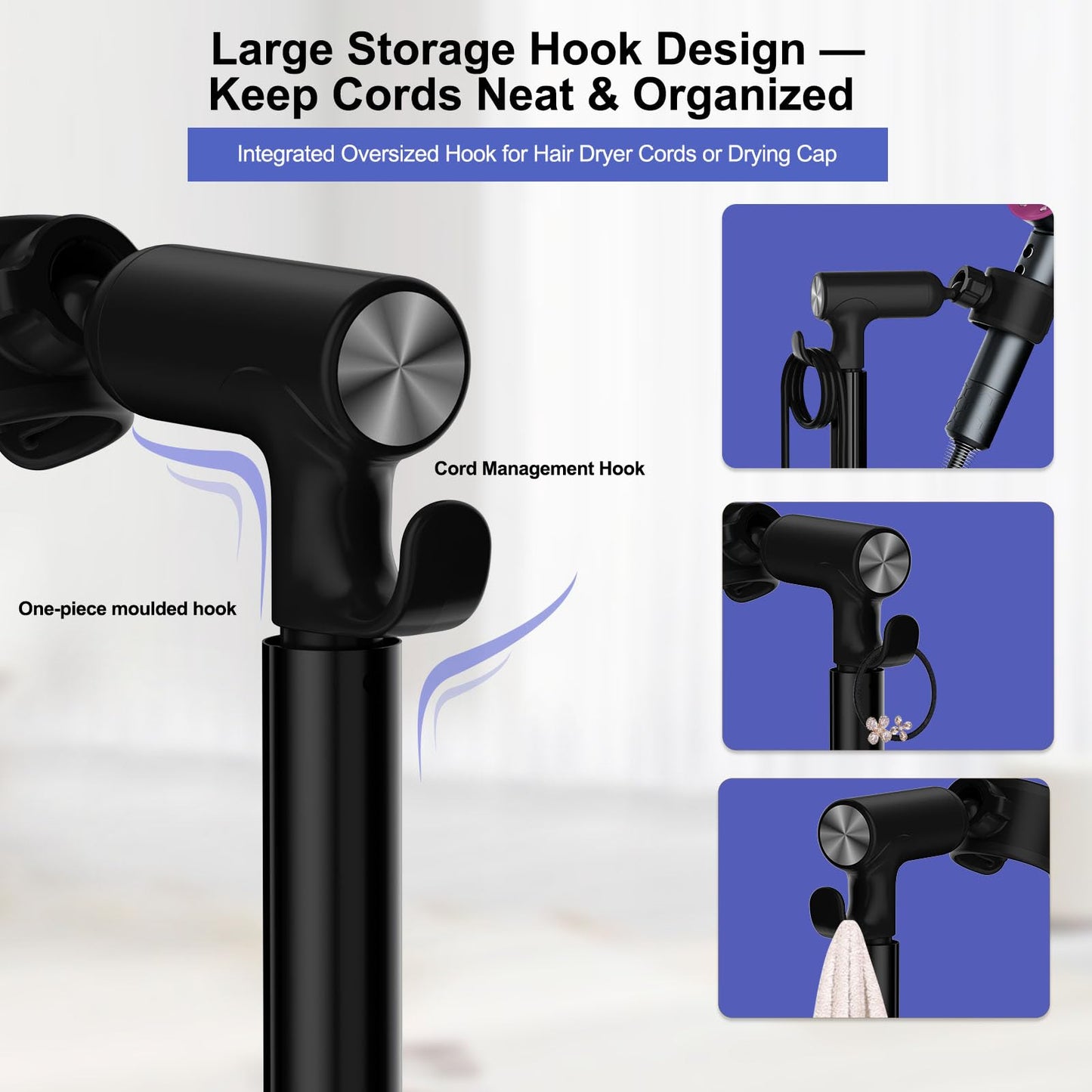 SENWELL-KA Hair Dryer Stand with 360 Rotating Head, Hands Free, Large Hook,Heavy Duty Base, Adjustable Height, TPU Padded Clip, Aluminum Alloy Holder for Home or Salon (Black)