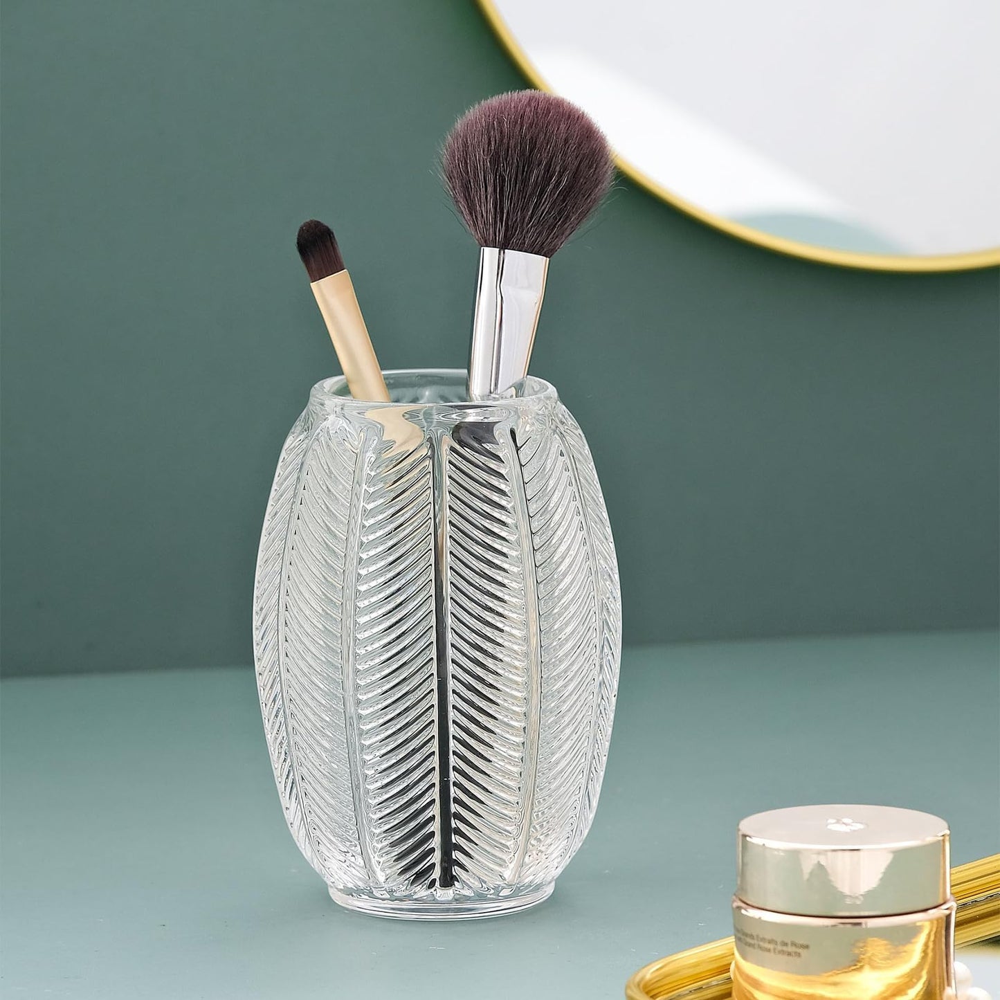 Gaolinci Leaf Stripes Clear Tumbler Cup Makeup Brush Toothbrush Holder for Bathroom, Vanity, Countertop, Desk and Bedside Table