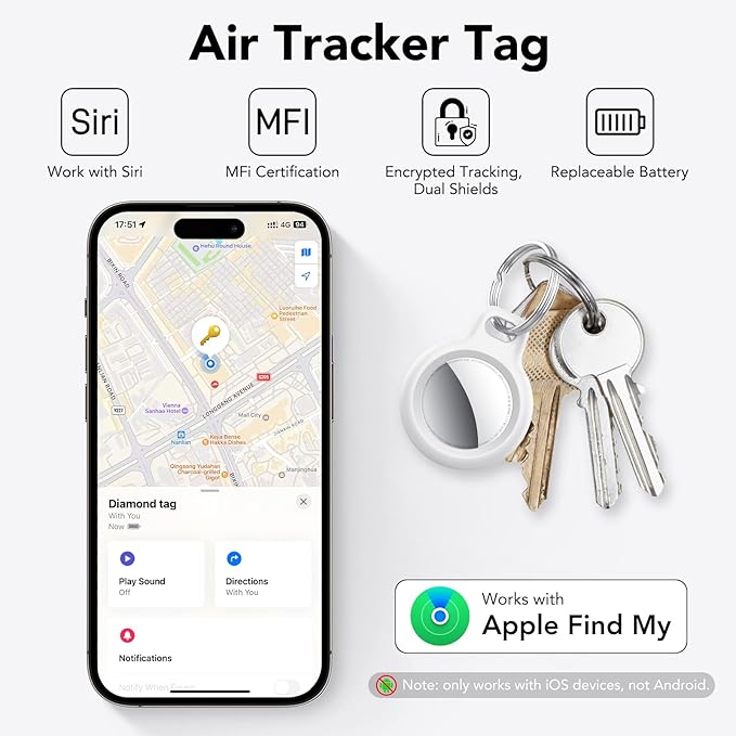 Air Tracker Tags-4 Pack White | Bluetooth Tracker Work with Apple Find My (iOS Only), Smart Tag with Protective Case/Keychain/Lanyard, Item Finder for Luggage/Key/Suitcase, Replaceable Battery