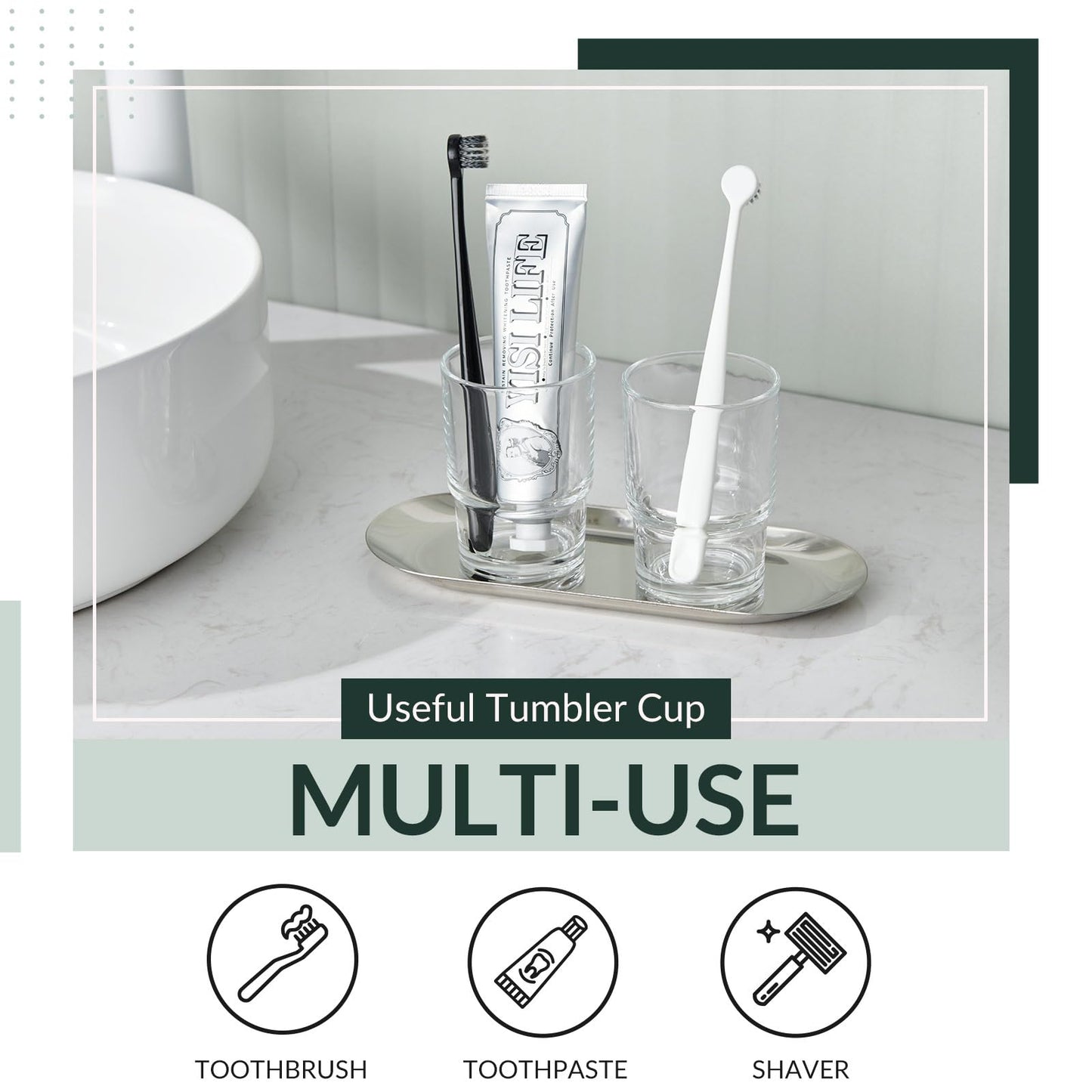 Aomasi Toothbrush Holders for Bathroom, 2 Pack Transparent Glass Tumbler Cups, Modern Thick Glassware