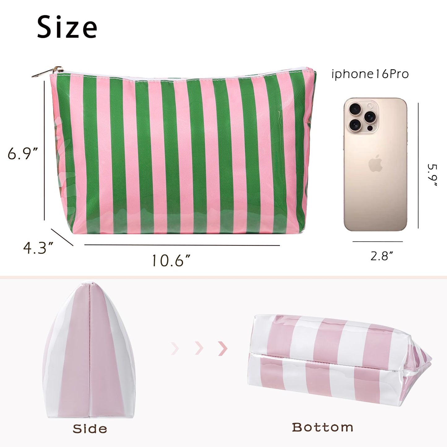 Lestikave Large PVC Waterproof Striped Makeup Bag,Clear Coated Cosmetic Bags,Easy to Clean,Travel Organizer Zipper Pouch Beach Vacation Essentials for Women Girls(09Pink Green)