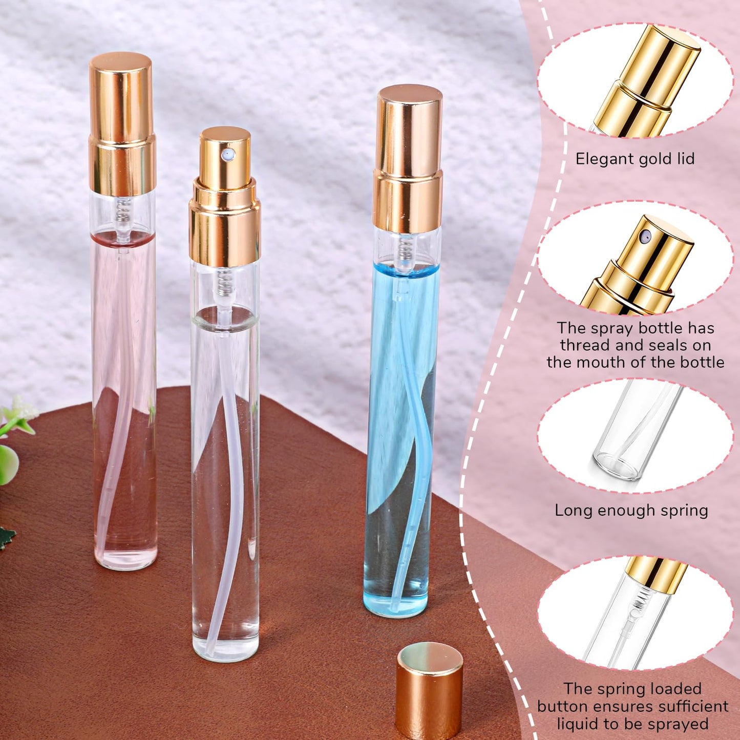 IMengjbang 50Pcs 10ml Mini Spray Bottles, Empty Clear Glass Mist Spray Bottle Refillable Mini Perfume Atomizer Travel Sample Bottle Lids Fine Mist Perfume Atomizer Makeup Container