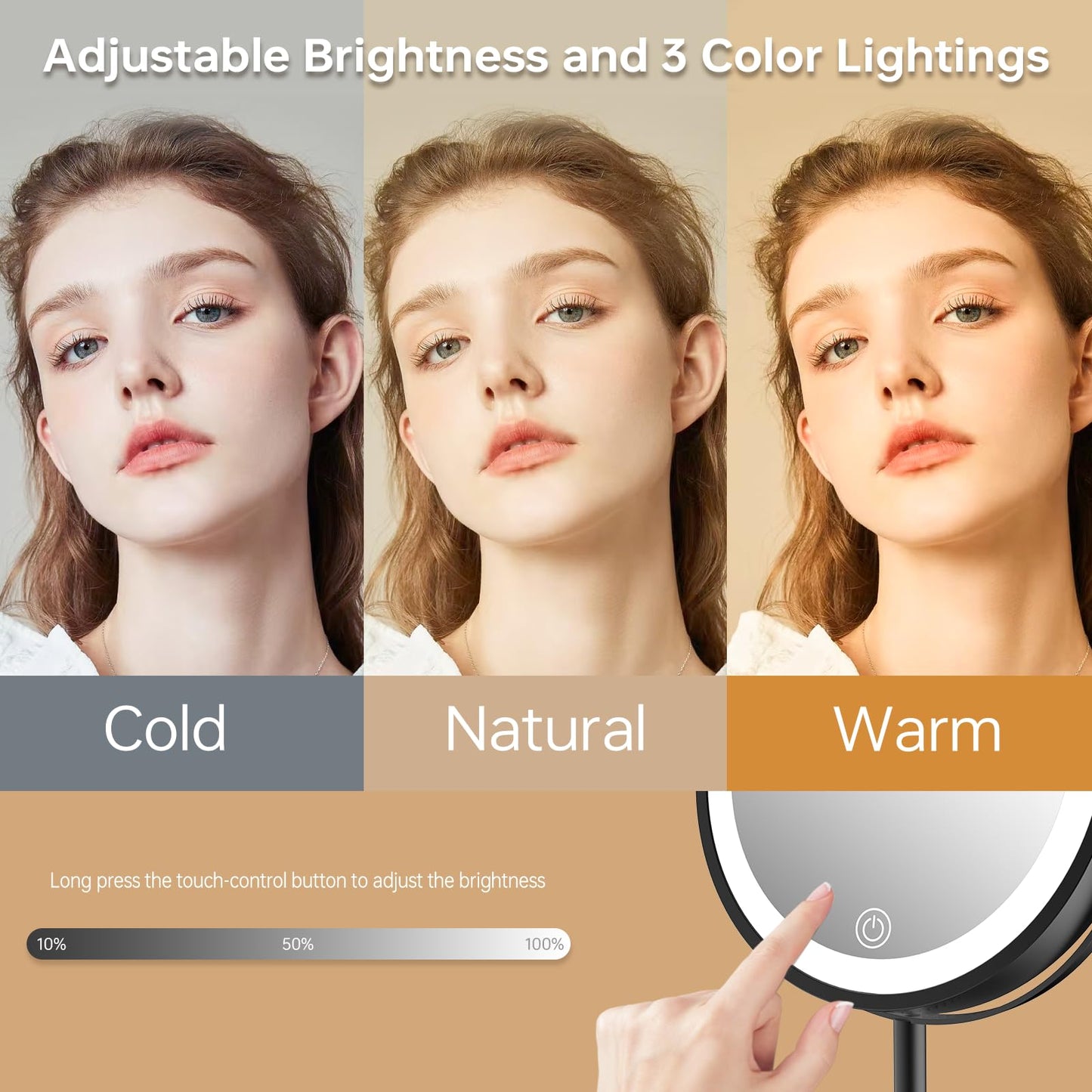 mumianshu Folding Travel Makeup Mirror with Lights and Magnification,7” Double Sided 1X/10X Lighted Magnifying Mirror with Rechargeable Battery,Brightness Adjustable,3 Color Lighting, Black