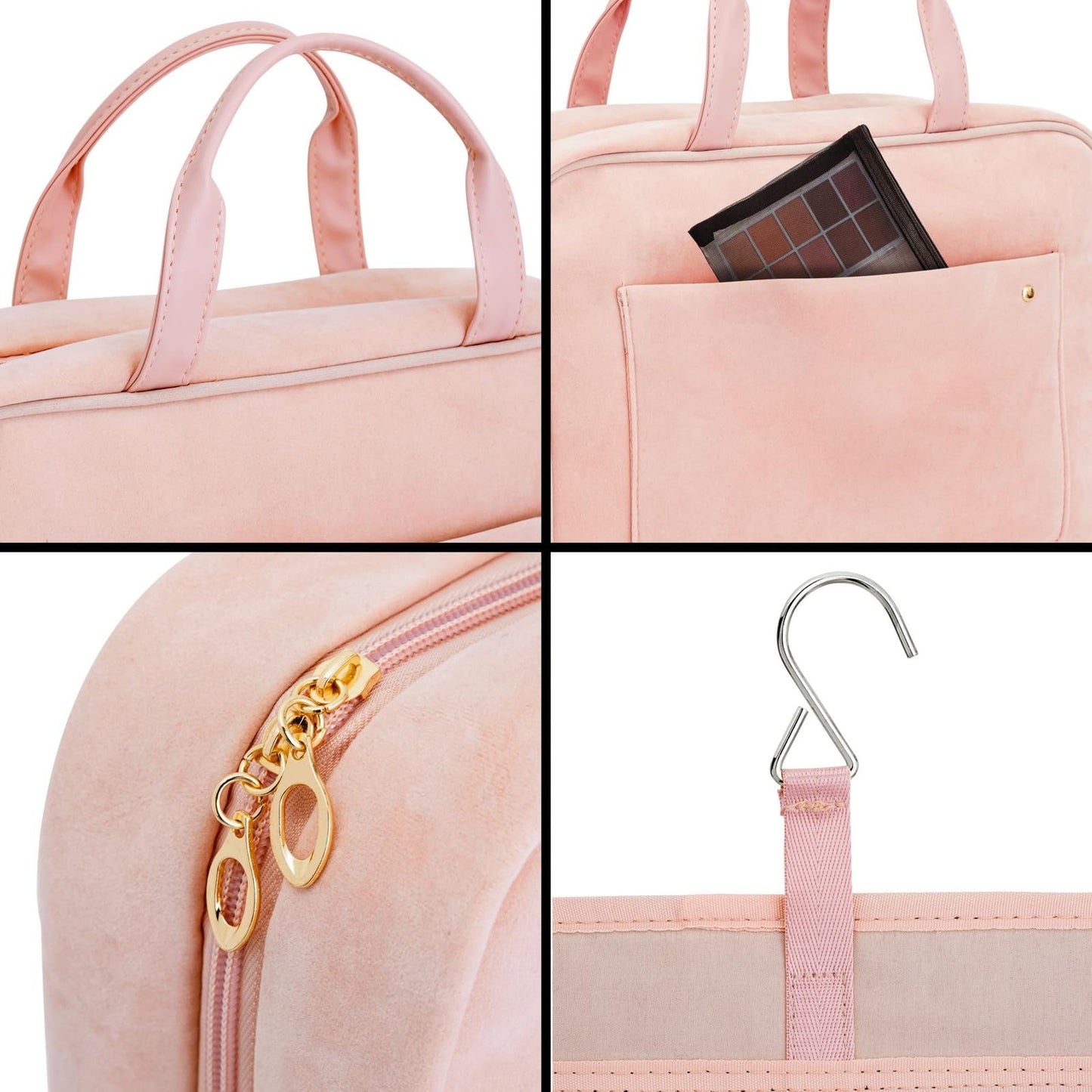 Glamlily Large Roll Up Hanging Toiletry Bag for Women, Pastel Pink Makeup Travel Organizer with S Hook for Cosmetics, Hair Accessories, Razors (13x4.5x9.75 In)