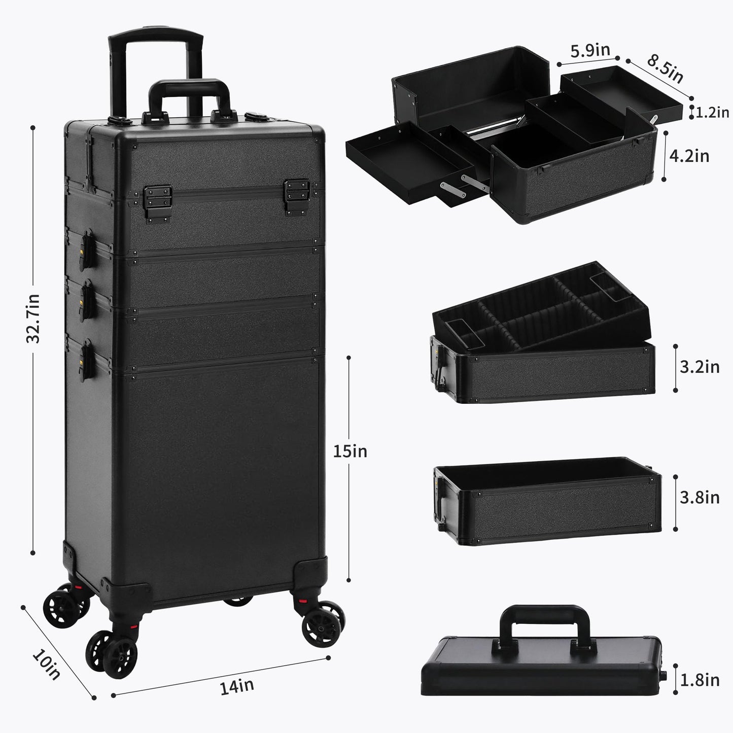 JINGUAN Profesional Rolling Makeup Train Case with Lid, 5 in 1 Cosmetology Case on Wheels, Large Cosmetic Trolley Organizer Travel for Hairstylist Artist Nail Beauty Salon Barber, Black