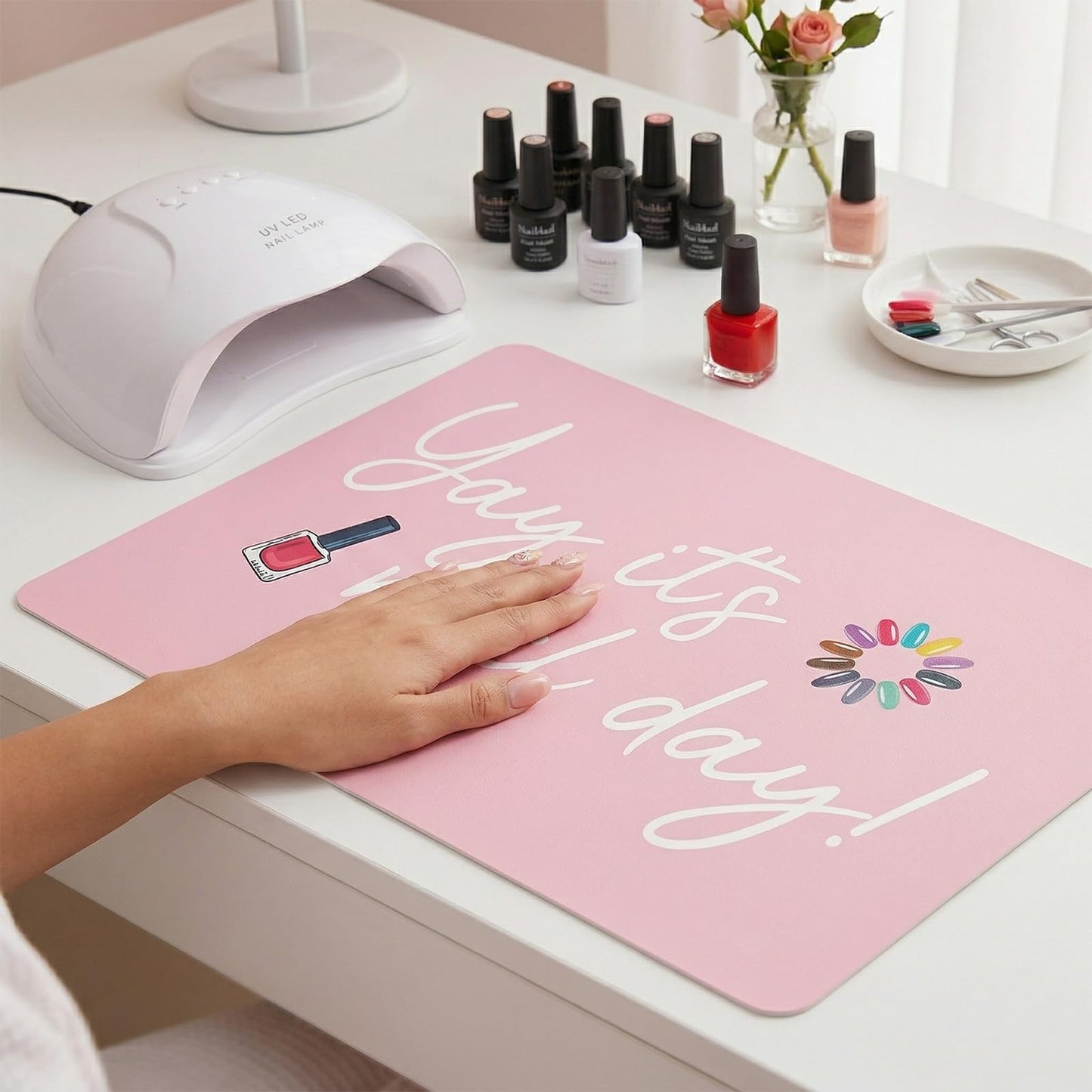 "Yay It's Nail Day" PU Leather Nail Art Table Mat (Mat Only) – Reversible Manicure Desk Protector & Arm Rest Pad for Acrylic Nails, Nail Techs, and Home Salons