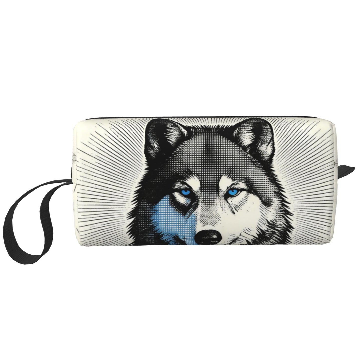 OLUSENMO Blue Eyed Wolf Makeup Bag for Women - Durable 600D Oxford Fabric Cosmetic Organizer,Compact Travel Pouch with Handle for Gym & Daily Use