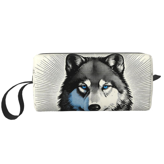 OLUSENMO Blue Eyed Wolf Makeup Bag for Women - Durable 600D Oxford Fabric Cosmetic Organizer,Compact Travel Pouch with Handle for Gym & Daily Use