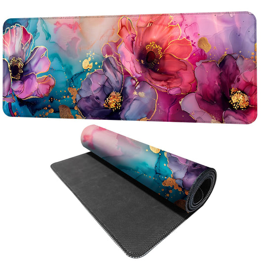 Floral Mouse Pad XXL – Large Desk Mat with Abstract Alcohol Ink Flowers in Pink, Purple & Teal, Extended Mousepad with Non-Slip Base for Office, Workstation, Gifts,31.5 x 11.8 in