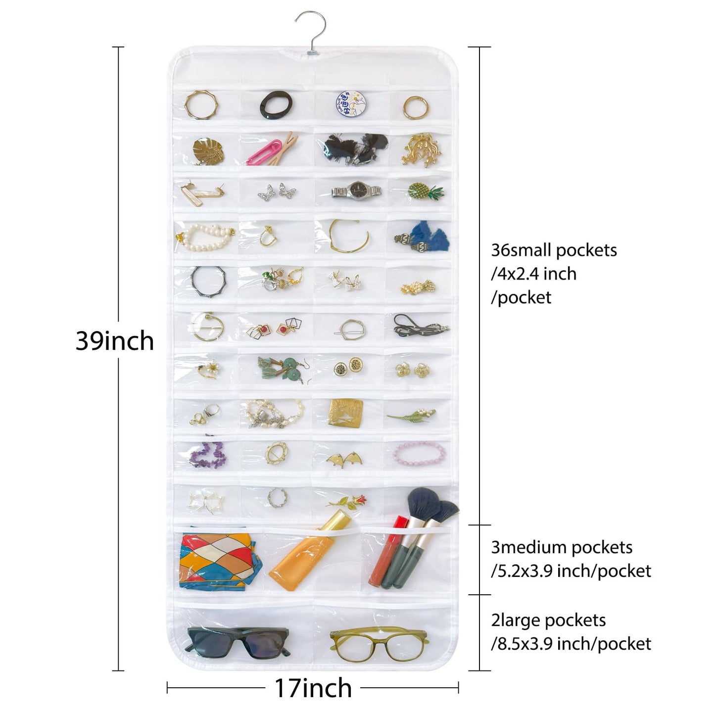 Bloss White Hanging Jewelry Organizer With 90 Pockets for Closet, Earring Holder Organizer Storage, Over The Door Jewelry Organizer, Double-Sided Jewelry Holder for Earrings,Necklaces,Rings