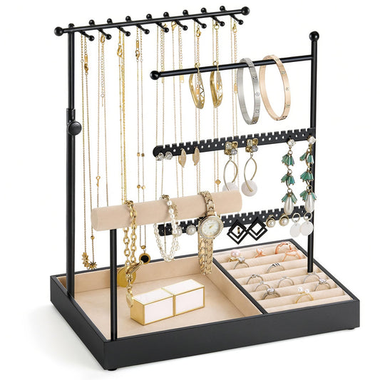 Emibele Jewelry Holder, Jewelry Organizer Stand Necklace Earring Bracelet Holder, 5 Tier Jewelry Display Tower Rack with Metal Frame and Velvet Ring Tray, Aesthetic Jewelry Stand Gift for Women, Black