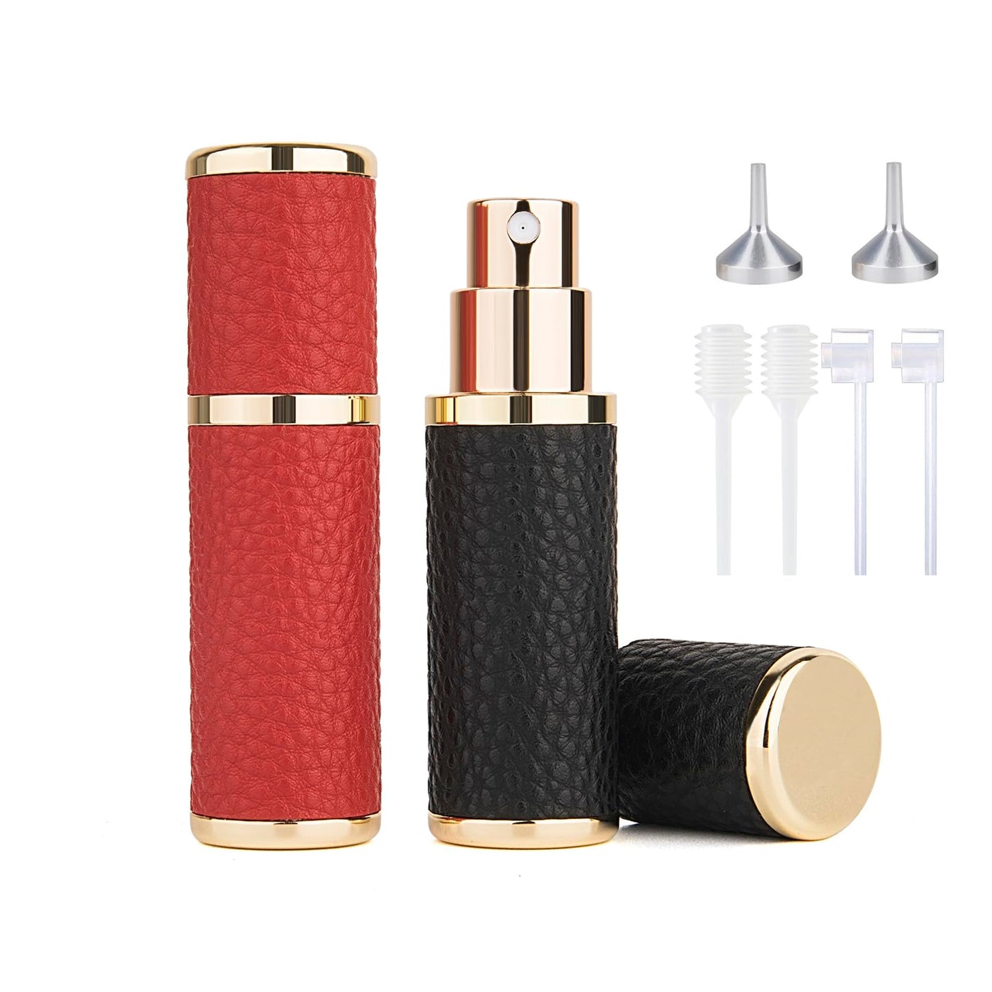 Sinyutia 2Pcs Perfume Atomizer Bottle (5ML),Mini Refillable Empty Cologne Spray Bottle With Luxury Leather Case,for Travel Out Side Work Women and Men (Black+Red)