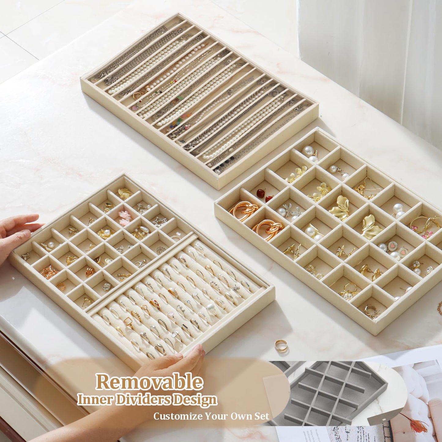 KATISYIO Large Jewelry Drawer Organizer Trays Set of 4, Stackable Velvet Jewelry Trays Organizer Holder Display Storage Showcase for Earring Necklace Bracelet Ring Accessary (Beige, R1+R2+16+24 Grids)
