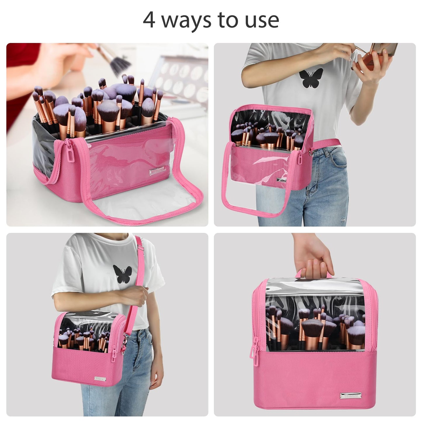 TANTO Makeup Brush Case Stand-up Makeup Cup Makeup Brush Holder Travel Professional Cosmetic Bag Artist Storage Bag Large Makeup Bag with Adjustable Divide (Rose Pink, 1-Large)