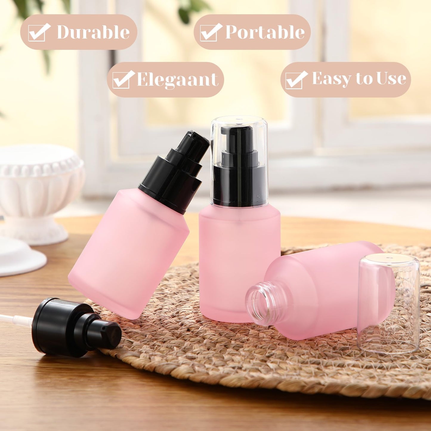 4 Pcs 60ml/2oz Empty Refillable Pink Frosted Glass Creams Lotions Bottles with Pump Vial Cosmetic Dispenser Jars Makeup Emulsion Liquids Storage Container Portable Travel Bottle Cosmetic Container