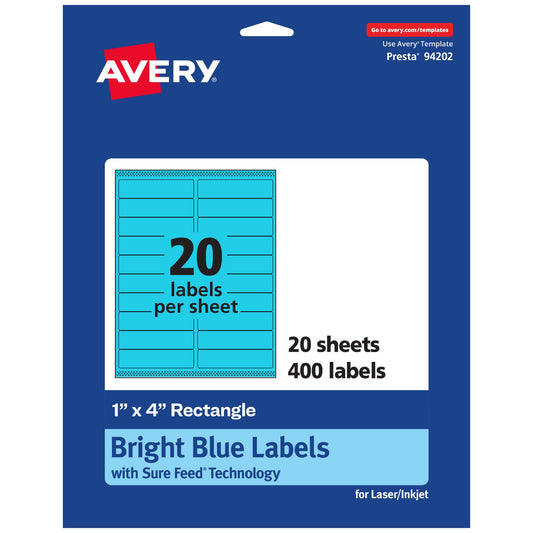 Avery Printable Rectangle Labels, Sure Feed Technology, 1" x 4", Bright Blue Labels, Laser/Inkjet Printable, 400 Total, Great for Mailing and Cosmetics