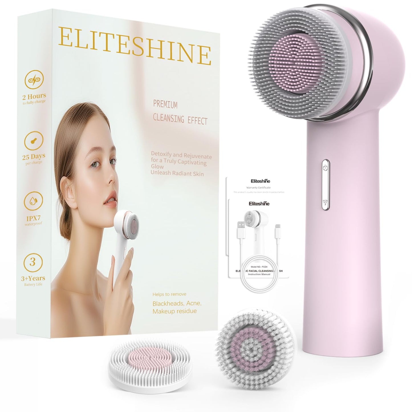 Eliteshine Electric Facial Cleanser Brush Equipped with Dual-Rotating Silicone and Bristle Brushheads,Rechargeable Electric Silicone Face Scrubber Exfoliator,Facial Cleansing Brush,for Women Skincare