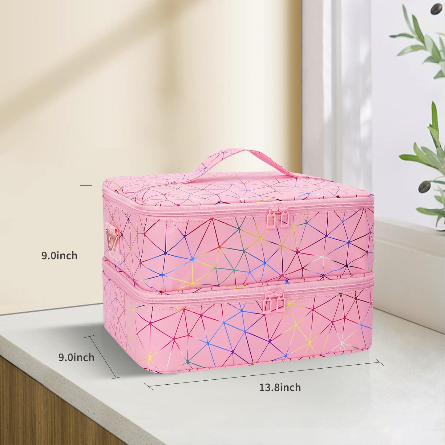 Ethereal Nail Polish Organizer Case Holds 50+ Bottles (5ml/0.5fl.oz) and Nail Lamp, Leather Nails Storage Organizer with Compartment, Diamond Pink