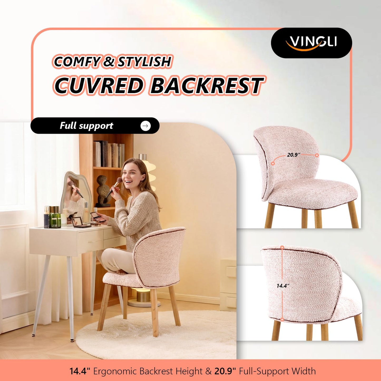 VINGLI Chenille Curved-Back Armless No Wheels Vanity Chair for Girls, Cute & Furry Upholstered Desk Chair with Solid Wood Legs for Study/Makeup/Bedroom/Dressing, Fluffy Makeup Chair for Teens, Pink