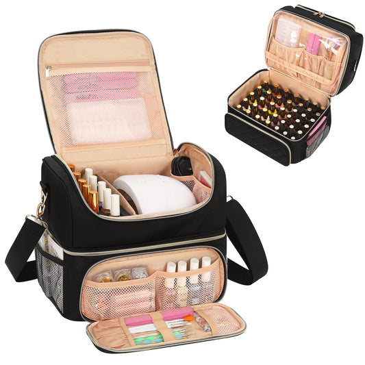 CUBETASTIC Nail Polish Organizer & Storage Bag for 48 Bottles & Full-Size Lamp, Double-Layer Travel Case Box for Nail Supplies, Manicure Kit & Pedicure Tools (Black, 48 Slots)