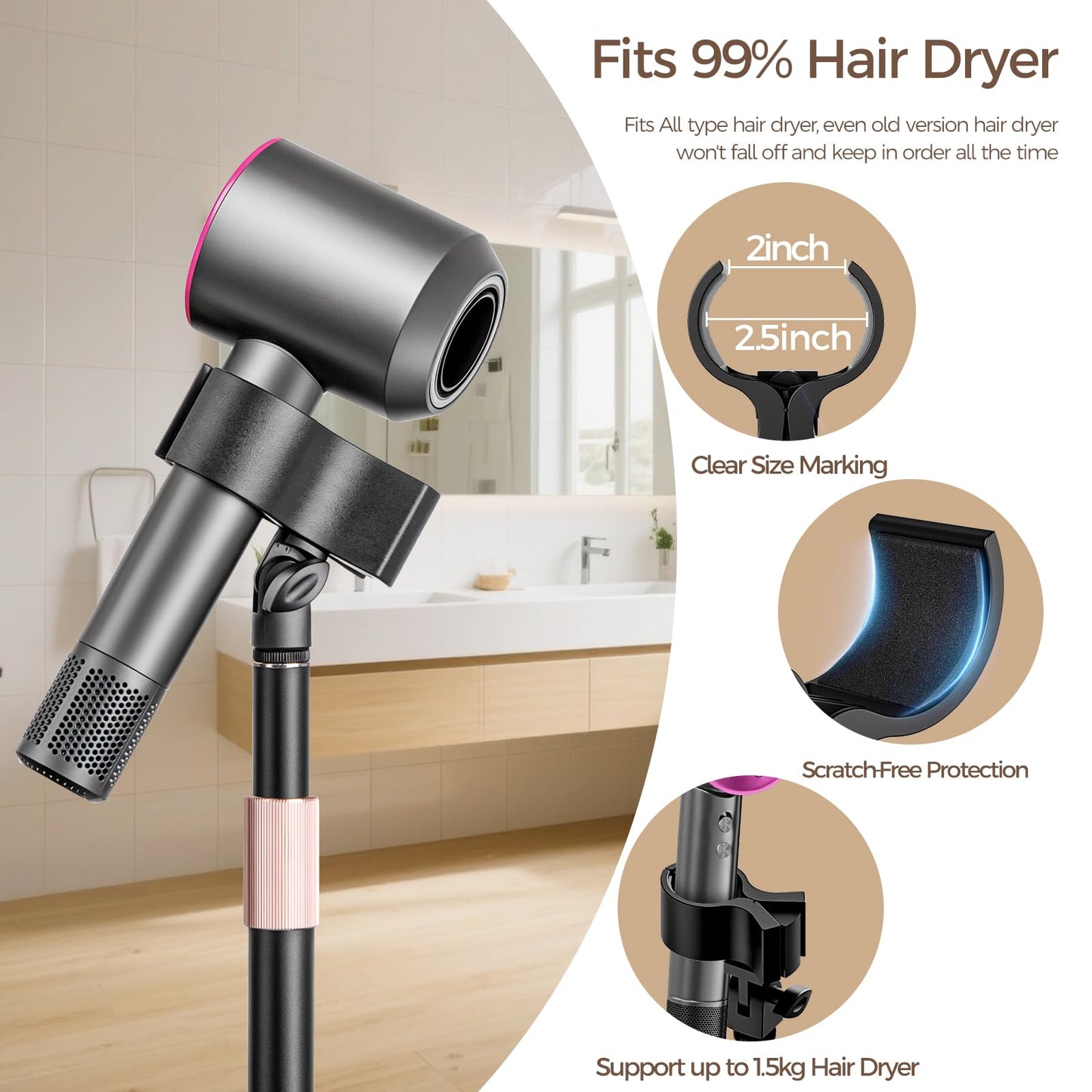 Hair Dryer Stand, 1.68M Height Adjustable Blow Dryers Holder, Ultra Stable Holder with 360° Rotating, Universal Clips, Work with All Dryer, Floor Dryer Stand for Salons or Home Use