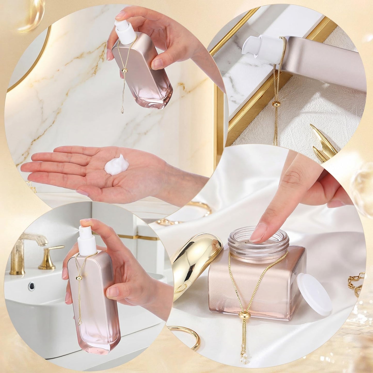 Gandeer 6 Pcs Luxury Glass Skincare Containers Set Refillable with Pump Glass Bottle with Gold Chain Spray Bottle Skincare Jars 1.01-4.06 oz for Oil Water Cream Foundation Serum Moisturizer(Orange)
